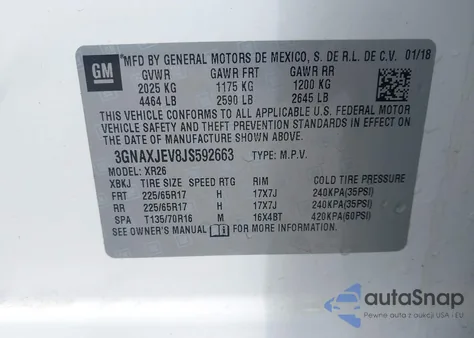 2018 Chevrolet Equinox Lt z USA, uszkodzony, nr VIN 3GNAXJEV8JS592663